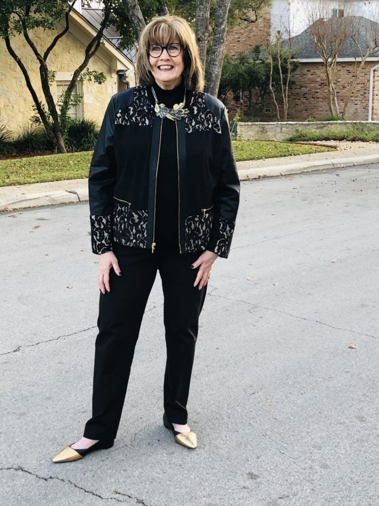 Lace-Trimmed Jacket Over Black Turtleneck Lace-Trimmed Jacket Over Black Turtleneck — Trendy Interview Outfits