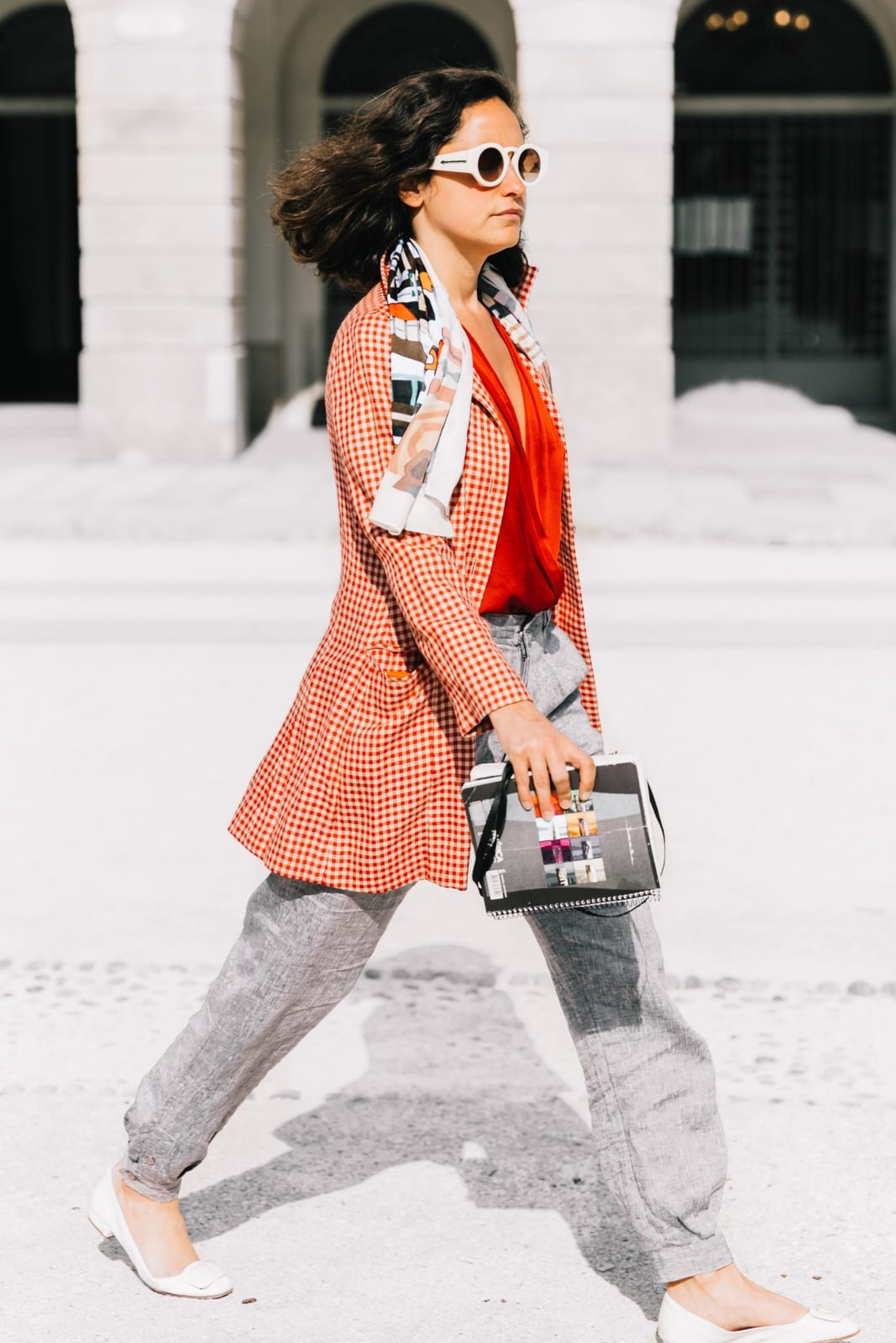 Red Gingham Jacket with Jogger Trousers Red Gingham Jacket with Jogger Trousers — Trendy Interview Outfits
