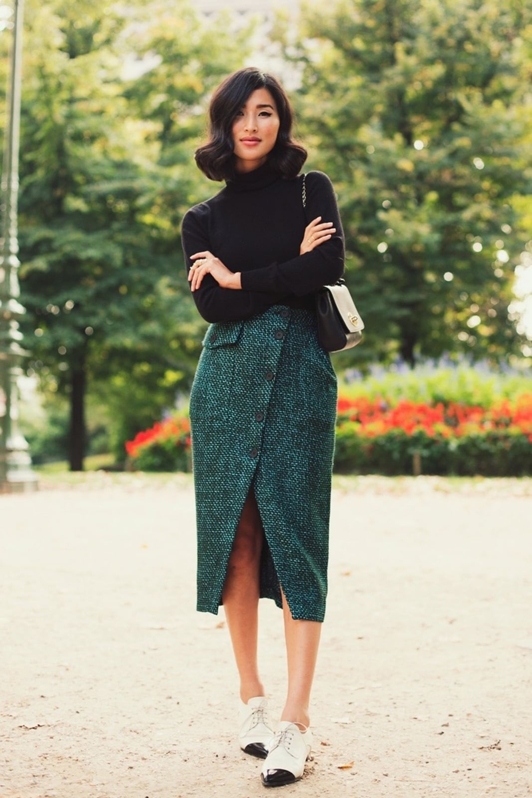 Black Turtleneck with Teal Tweed Wrap Skirt Black Turtleneck with Teal Tweed Wrap Skirt — Trendy Interview Outfits