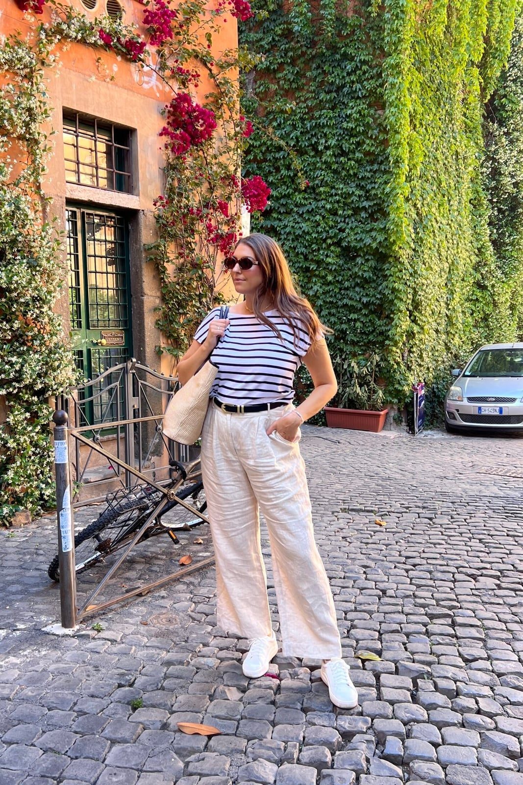 Beige Linen Trousers With Striped Top — Trendy Italy Outfits