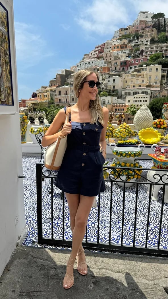 Navy Linen Blend Button-Front Romper — Trendy Italy Outfits