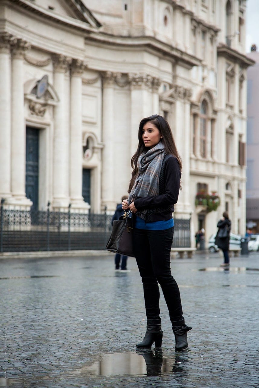 Black Trousers With Blue Top And Patterned Scarf, Office-Safe Version — Trendy Italy Outfits
