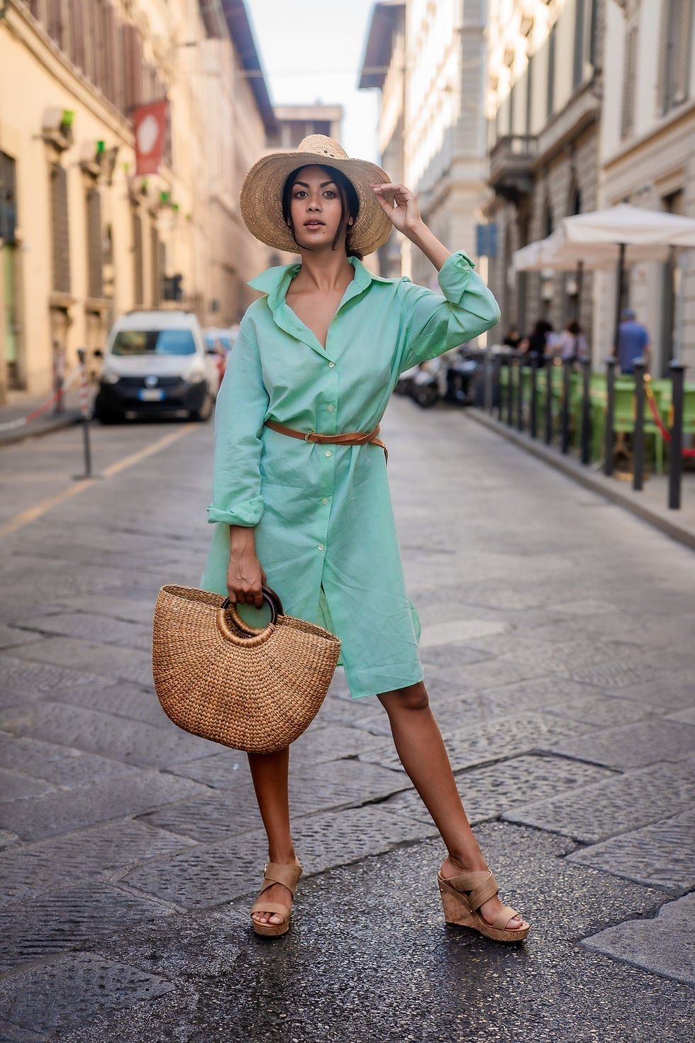 Mint Green Linen Shirt Dress With Belt — Trendy Italy Outfits