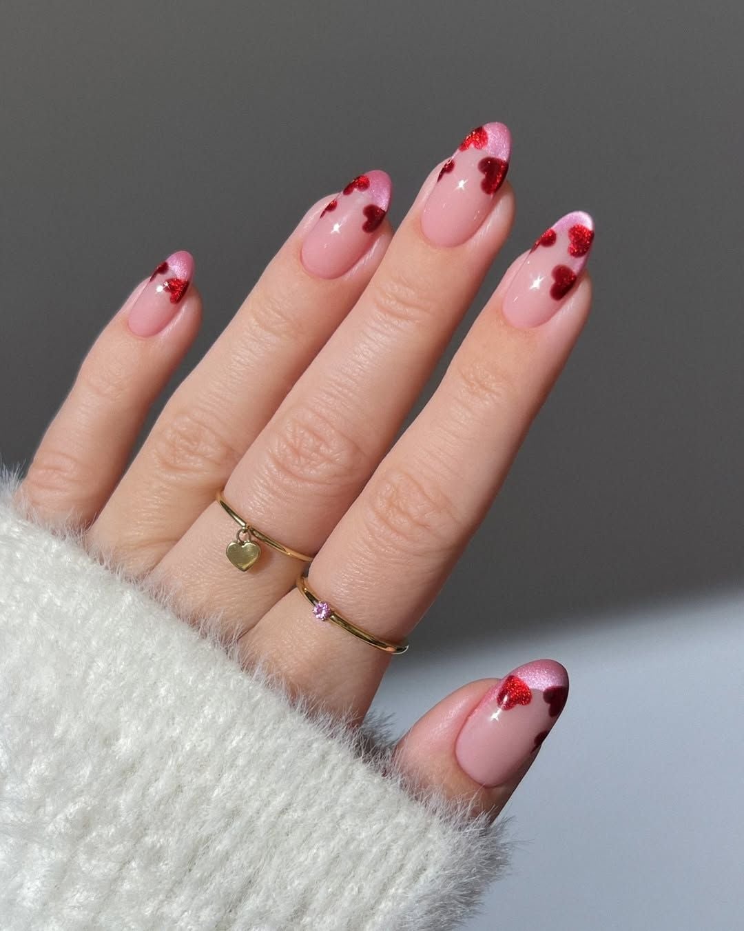 Long Almond Pink Glitter Heart French Nails Long Almond Pink Glitter Heart French Nails — Trendy Japanese Nails