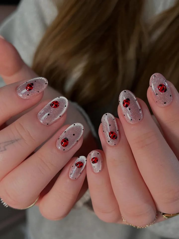 Medium Almond Sheer Shimmer Ladybug Nails Medium Almond Sheer Shimmer Ladybug Nails — Trendy Japanese Nails