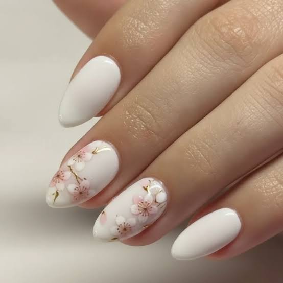 Almond Milky White Pink Cherry Blossom Gold Accent Nails Almond Milky White Pink Cherry Blossom Gold Accent Nails — Trendy Japanese Nails
