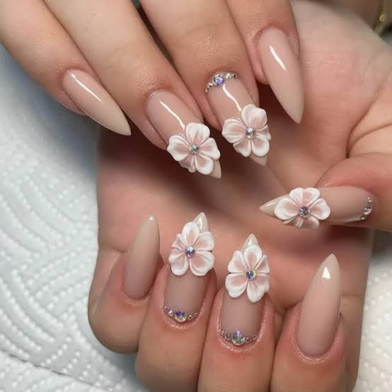 Long Stiletto 3D Flowers Rhinestones Nails, Glossy Long Stiletto 3D Flowers Rhinestones Nails, Glossy — Trendy Japanese Nails