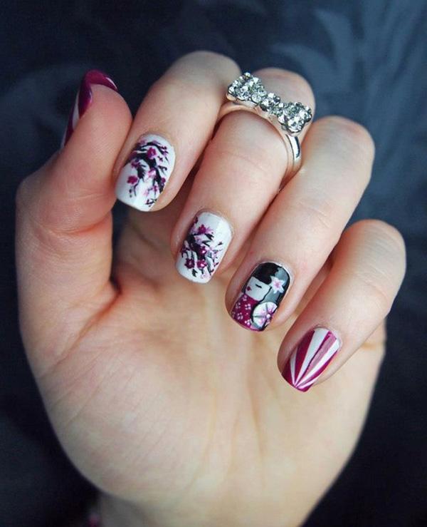 Short Almond Geisha Floral Stripe Nails Short Almond Geisha Floral Stripe Nails — Trendy Japanese Nails