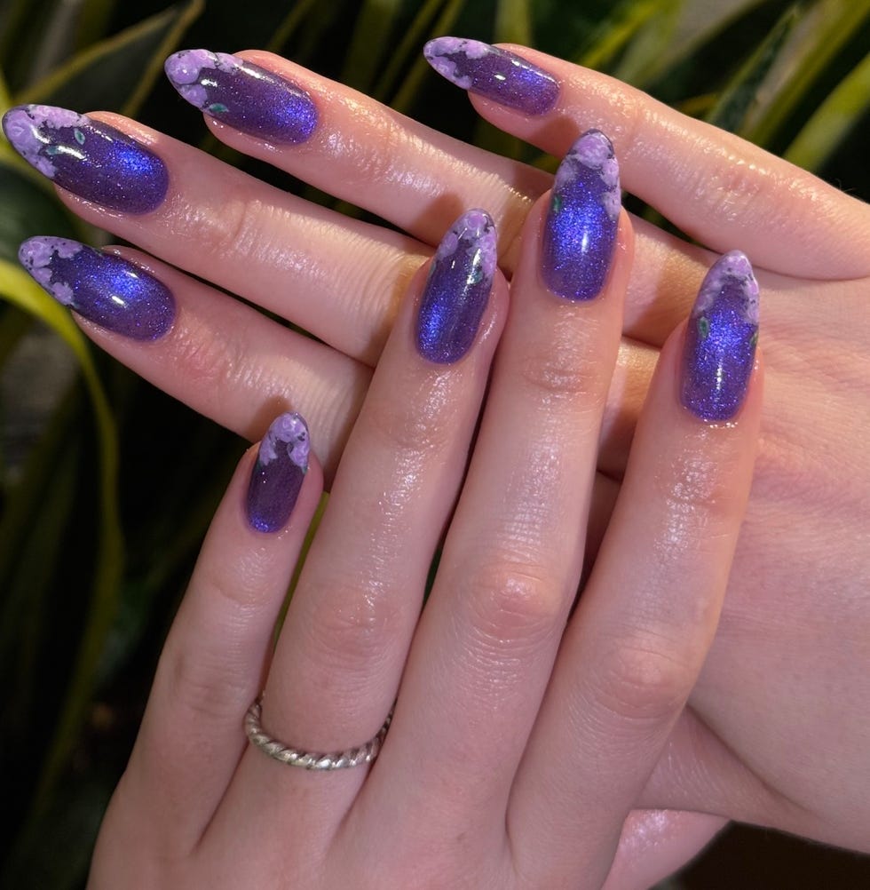 Long Pointed Purple Shimmer Floral Nails Long Pointed Purple Shimmer Floral Nails — Trendy Japanese Nails