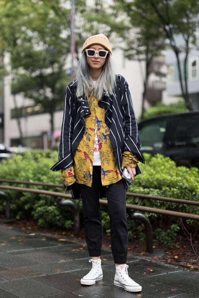 Layered Graphic Tee With Black Trousers — Trendy Japanese Outfits