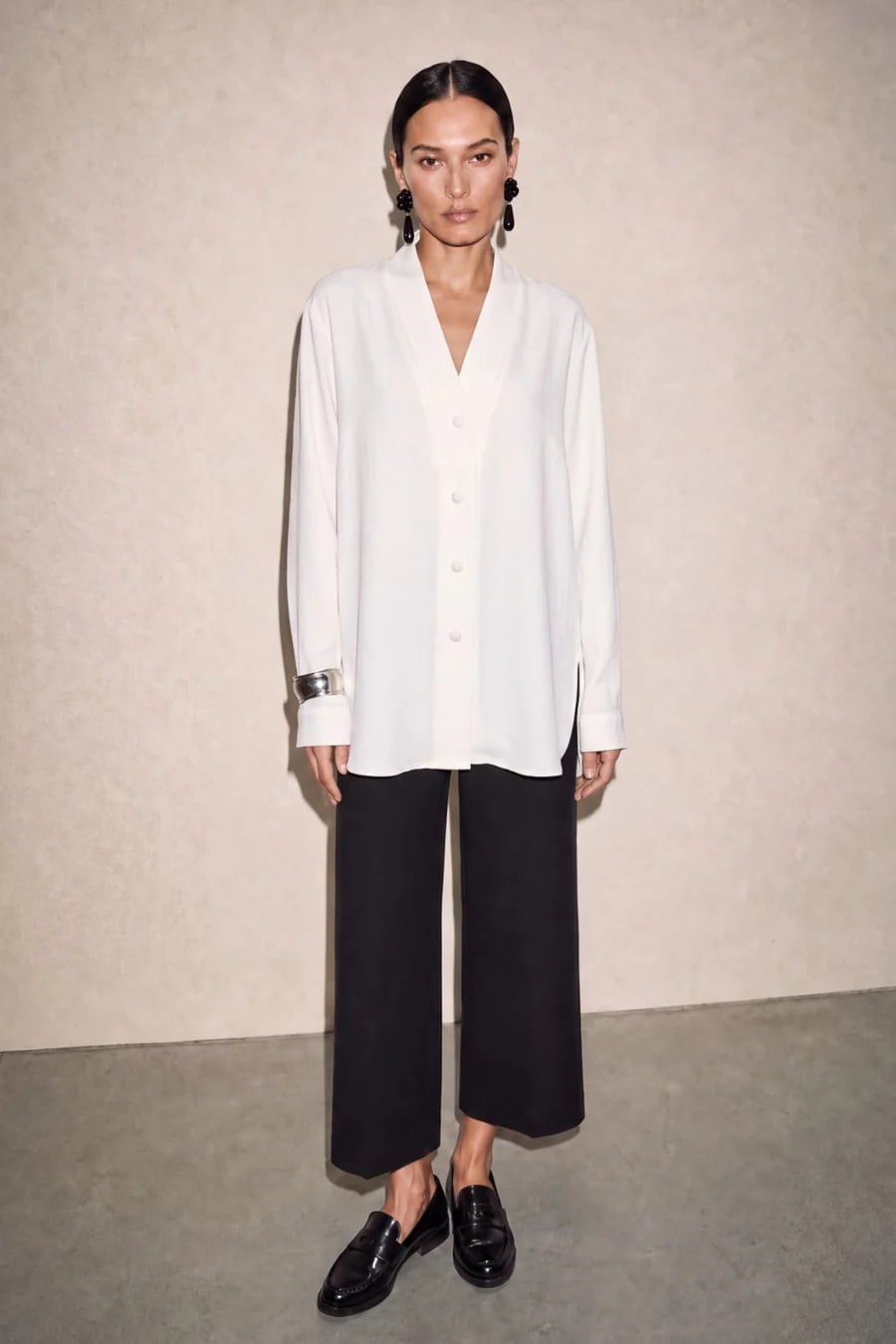 White Textured Shirt With Black Trousers — Trendy Japanese Outfits