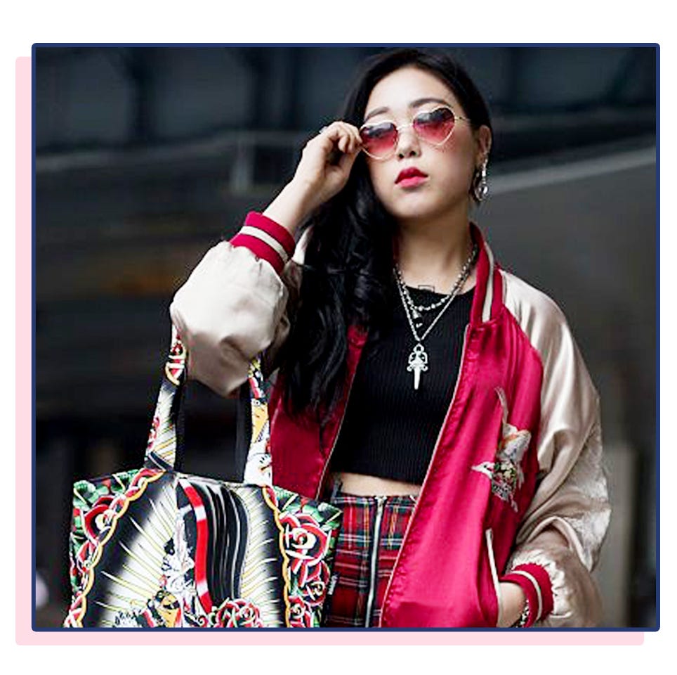 Embroidered Bomber Jacket With Plaid Skirt — Trendy Japanese Outfits
