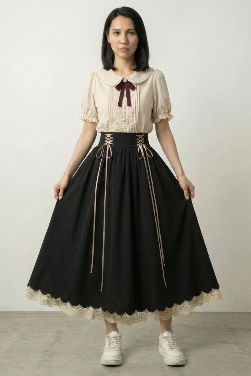 Puff Sleeve Blouse With Lace Skirt — Trendy Japanese Outfits
