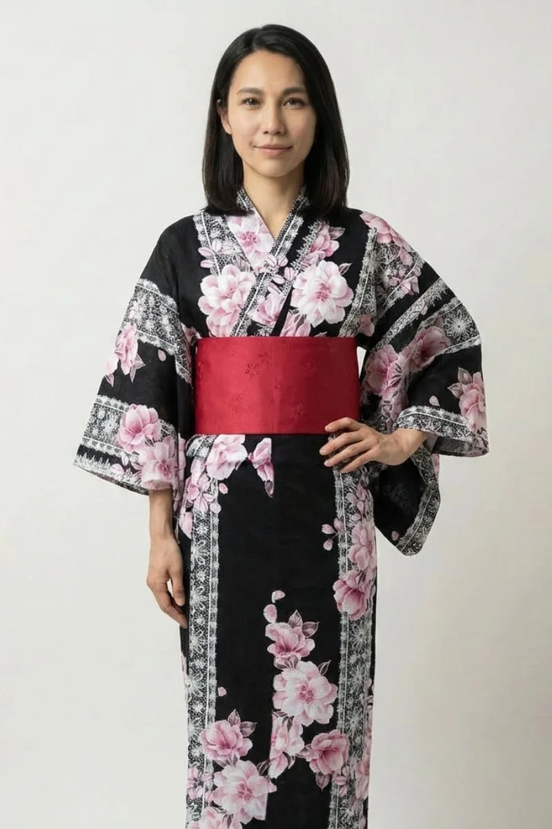 Black Yukata With Pink Floral Print — Trendy Japanese Outfits