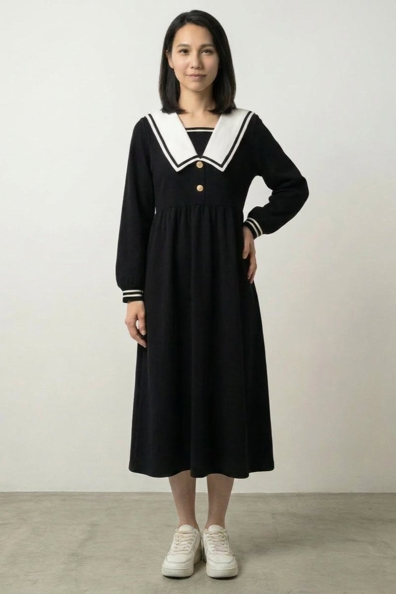 Black Midi Dress With Sailor Collar — Trendy Japanese Outfits