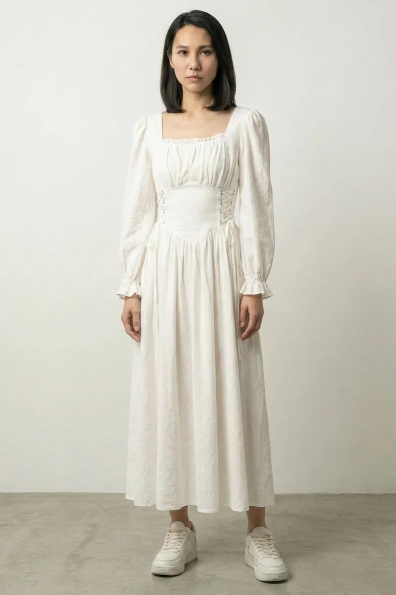 White Ruched Bodice Dress With Sneakers — Trendy Japanese Outfits
