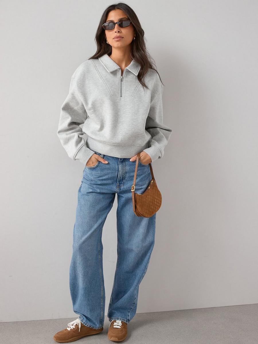 Medium Blue Wide Leg Jeans and Quarter-Zip Sweatshirt Medium Blue Wide Leg Jeans and Quarter-Zip Sweatshirt — Trendy Jeans Outfits