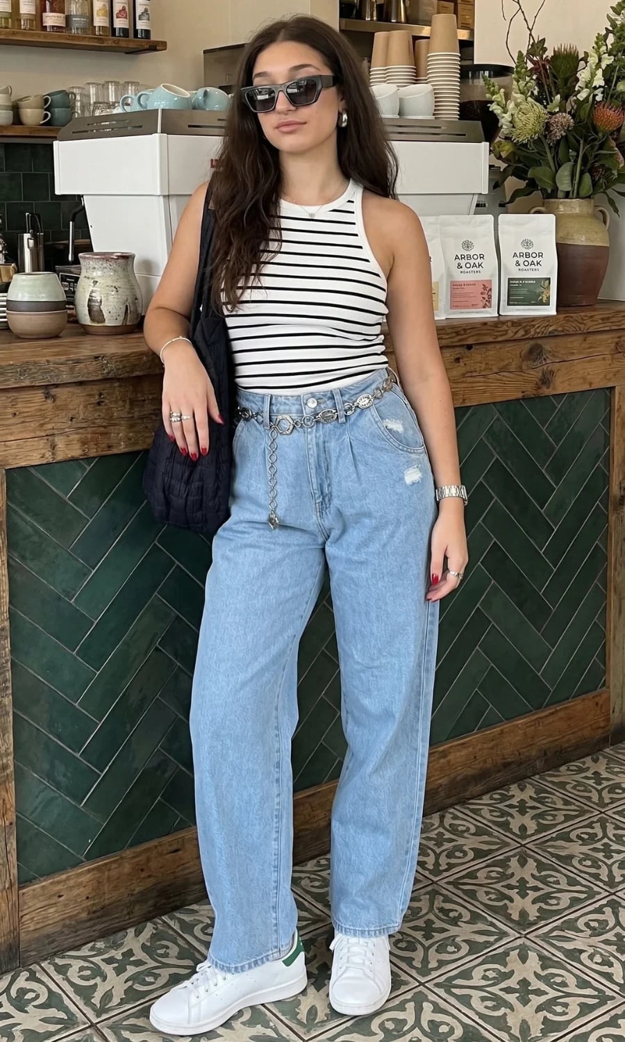 Distressed Wide Leg Jeans with Striped Tank Top Distressed Wide Leg Jeans with Striped Tank Top — Trendy Jeans Outfits