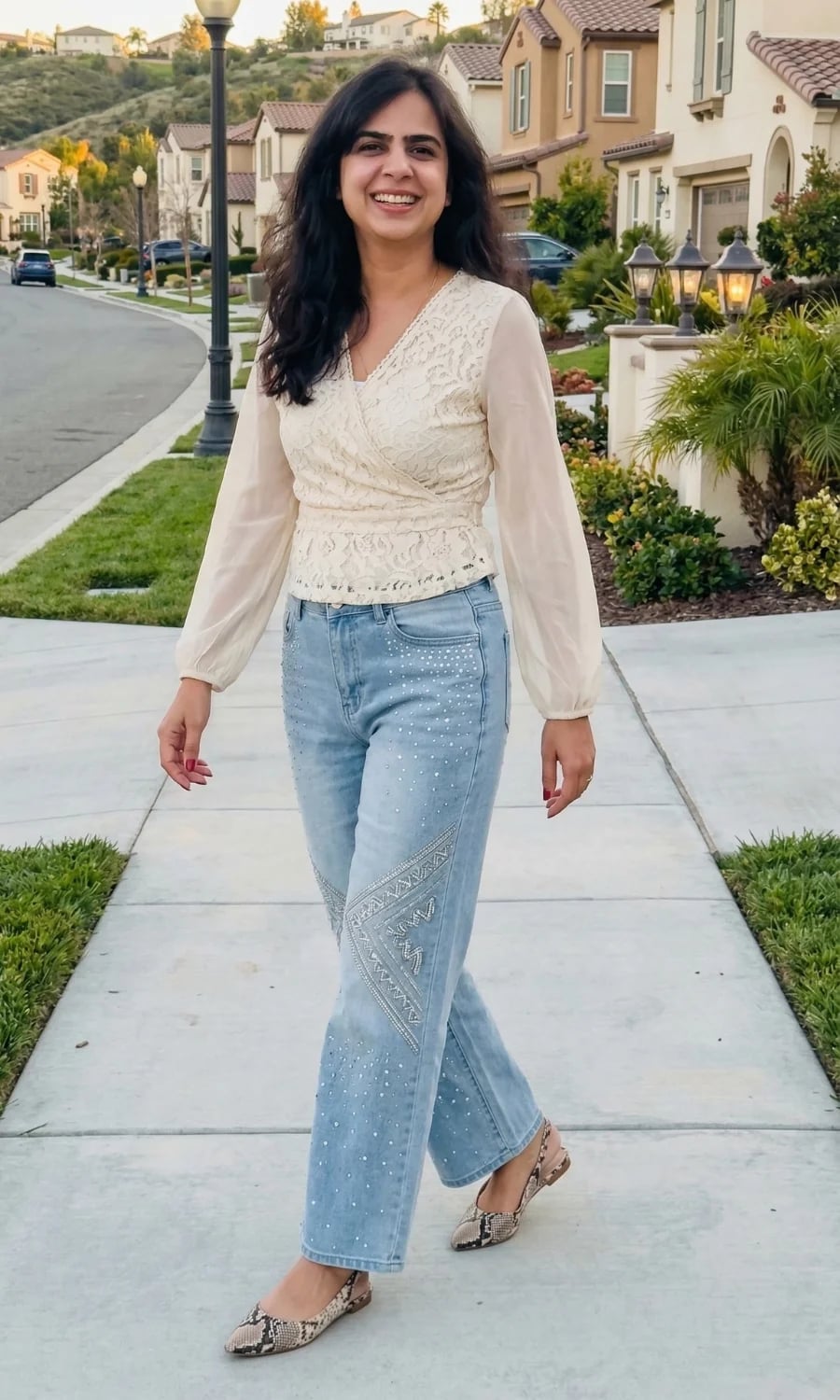 Embellished Jeans with Lace-Trimmed Blouse Embellished Jeans with Lace-Trimmed Blouse — Trendy Jeans Outfits