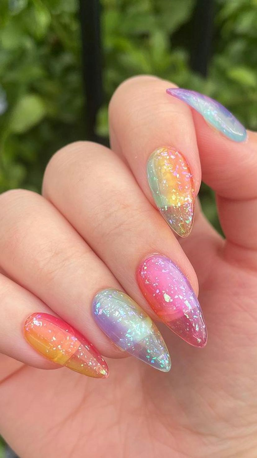 Vibrant Translucent Rainbow Jelly Almond Nails Vibrant Translucent Rainbow Jelly Almond Nails — Trendy Jelly Nails