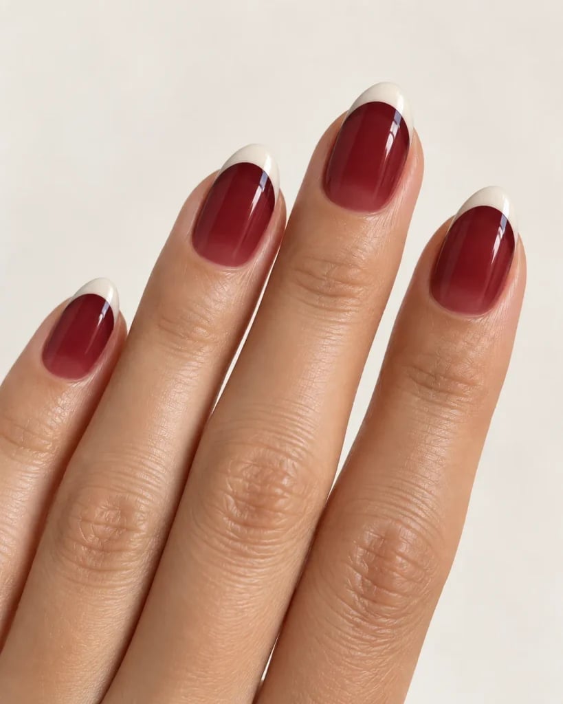 Deep Red Jelly French Tip Short Almond Nails, Close-Up Take Deep Red Jelly French Tip Short Almond Nails, Close-Up Take — Trendy Jelly Nails