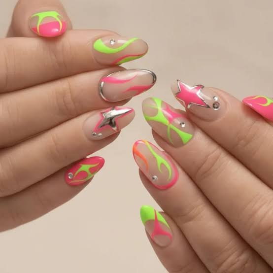 Neon Flame Jelly Almond Nails with Stars Neon Flame Jelly Almond Nails with Stars — Trendy Jelly Nails