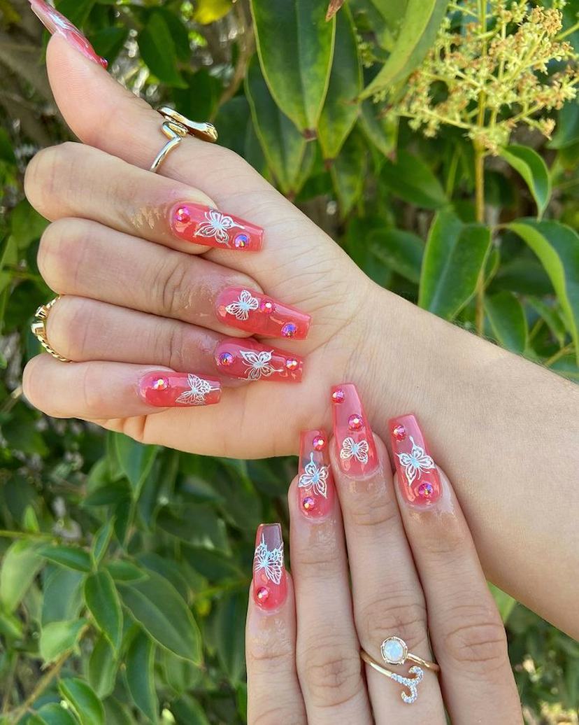 Pink Jelly Long Coffin Nails with Butterflies Pink Jelly Long Coffin Nails with Butterflies — Trendy Jelly Nails