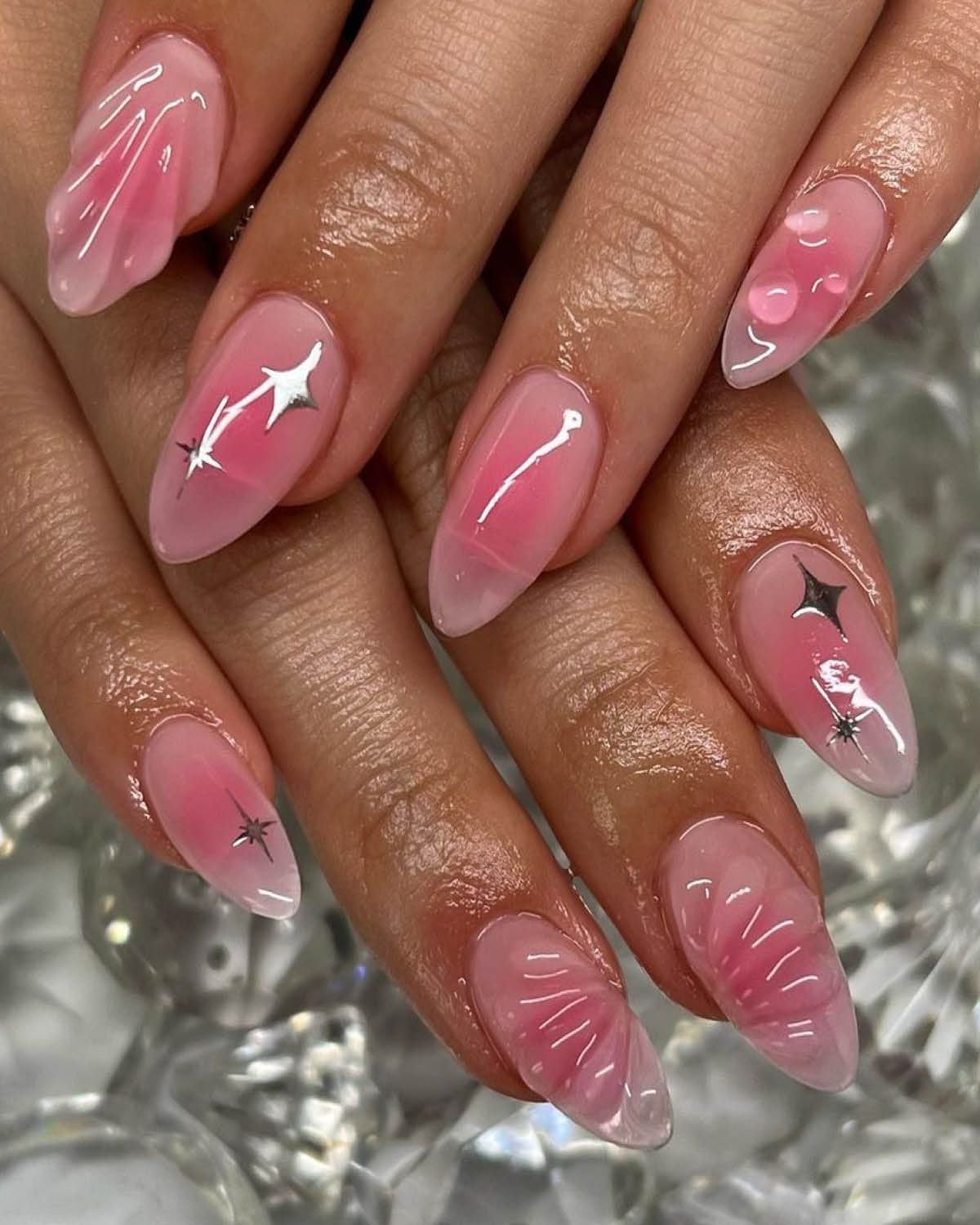 Delicate Pink Jelly Oval Nails with Water Drops Delicate Pink Jelly Oval Nails with Water Drops — Trendy Jelly Nails