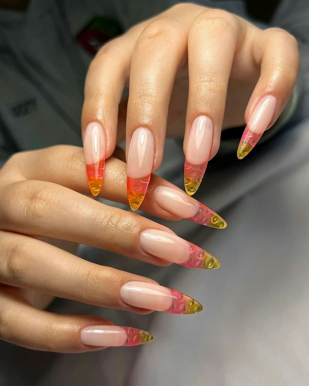 Pink Orange Yellow Gradient Jelly Stiletto Nails Pink Orange Yellow Gradient Jelly Stiletto Nails — Trendy Jelly Nails