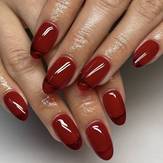 Deep Red Jelly French Tip Short Oval Nails Deep Red Jelly French Tip Short Oval Nails — Trendy Jelly Nails