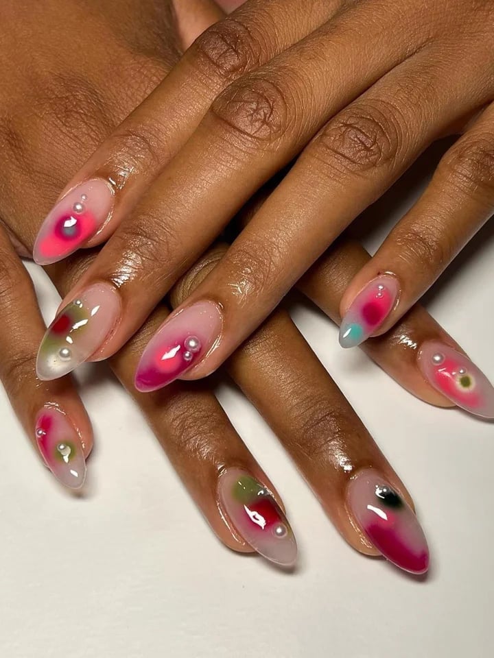 Colorful Splotch and Pearl Jelly Almond Nails Colorful Splotch and Pearl Jelly Almond Nails — Trendy Jelly Nails