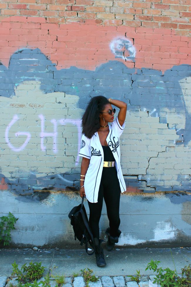 Baseball Jersey Over Bodysuit With Metallic Belt, Close-Up Take — Trendy Jersey Outfit