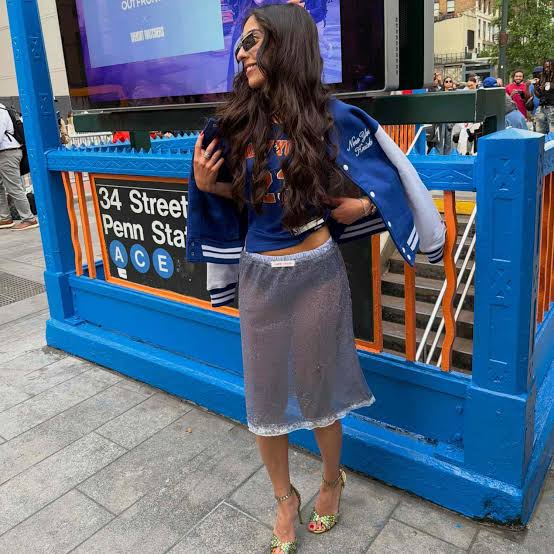 Cropped Jersey With Sparkly Midi Skirt and Bomber Jacket — Trendy Jersey Outfit