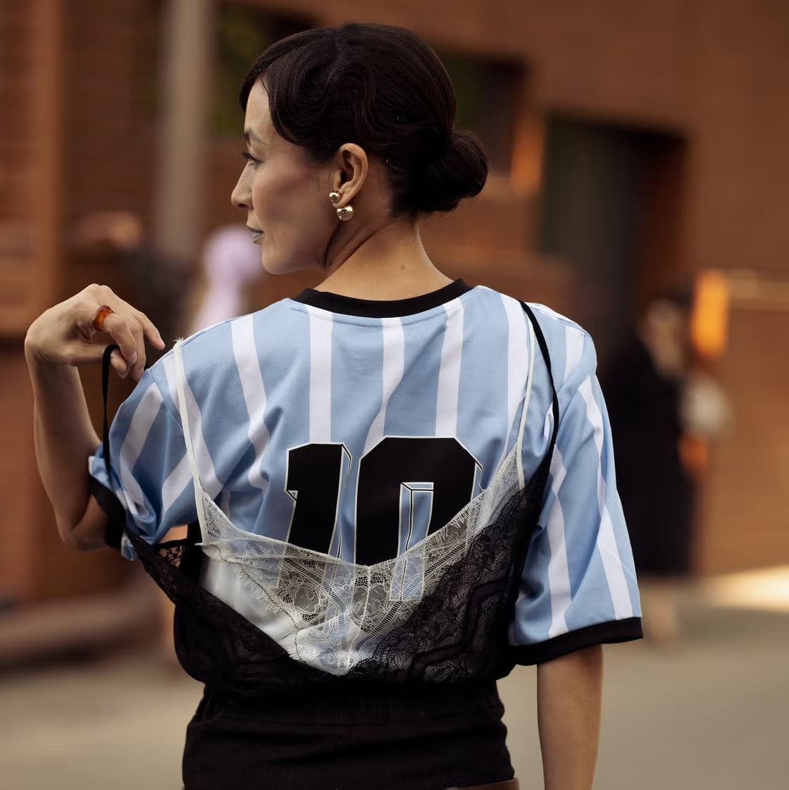 Striped Jersey Over Lace Bralette — Trendy Jersey Outfit