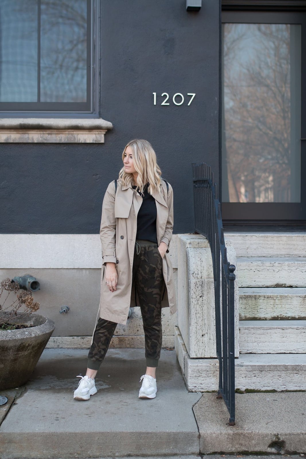 Camouflage Joggers with Beige Trench Coat Camouflage Joggers with Beige Trench Coat — Trendy Jogging Outfits