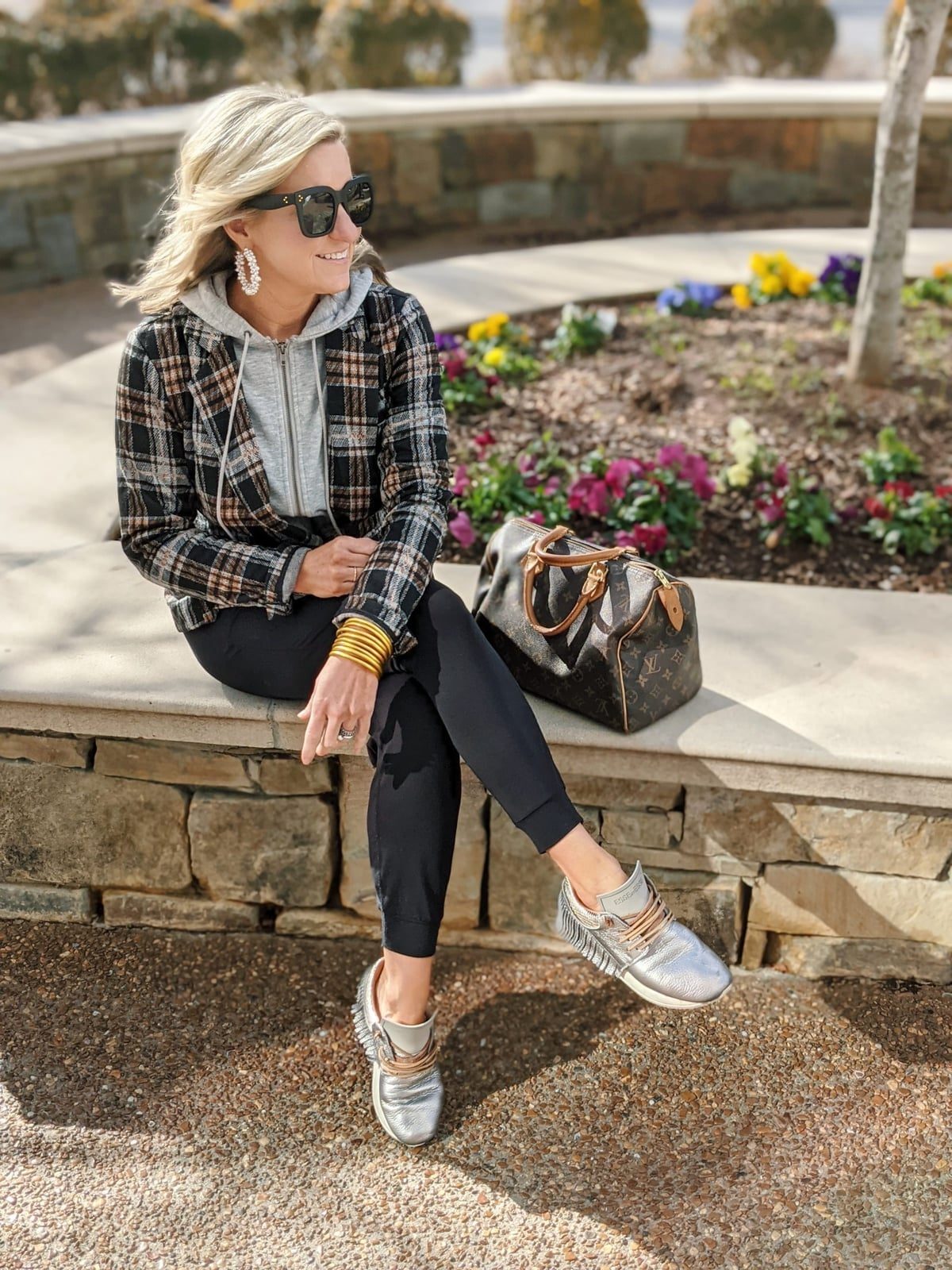 Black Joggers with Plaid Jacket and Metallic Sneakers Black Joggers with Plaid Jacket and Metallic Sneakers — Trendy Jogging Outfits