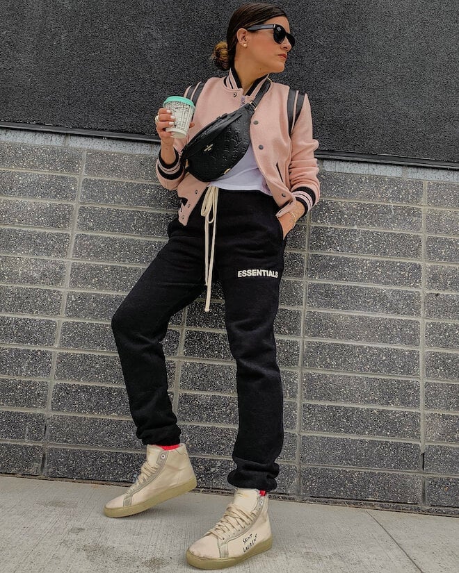 Black Joggers with Varsity Jacket and Belt Bag Black Joggers with Varsity Jacket and Belt Bag — Trendy Jogging Outfits