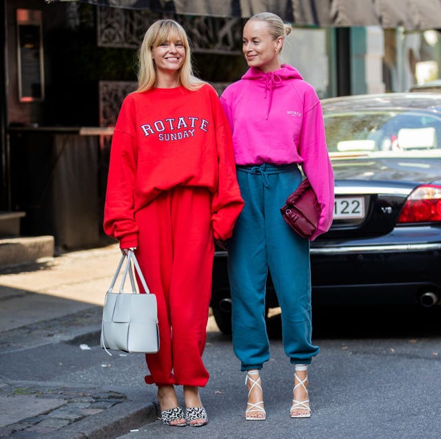 Bright Red and Pink Jogger Sets with Statement Heels Bright Red and Pink Jogger Sets with Statement Heels — Trendy Jogging Outfits