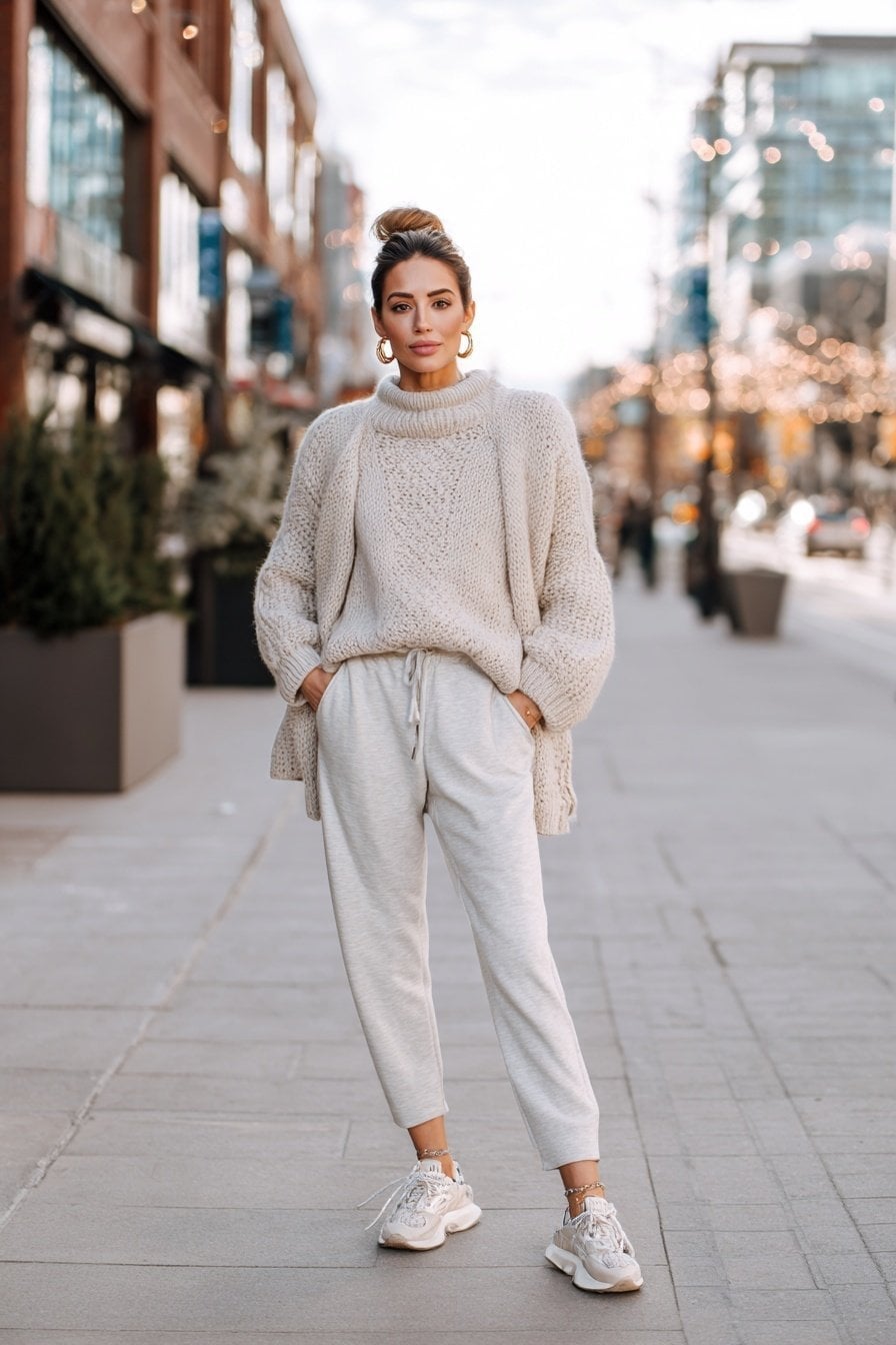 Light Grey Joggers with Cream Knit Cardigan Light Grey Joggers with Cream Knit Cardigan — Trendy Jogging Outfits