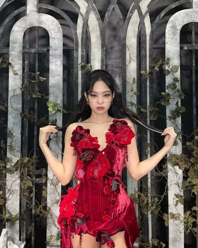 Red Velvet Mini Dress with Floral Appliqués Red Velvet Mini Dress with Floral Appliqués — Trendy K-pop Outfits
