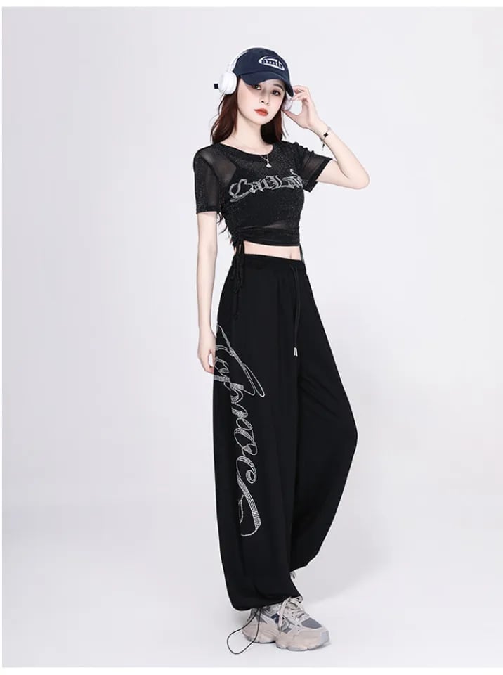 Embellished Mesh Crop Top and Wide-Leg Pants Embellished Mesh Crop Top and Wide-Leg Pants — Trendy K-pop Outfits