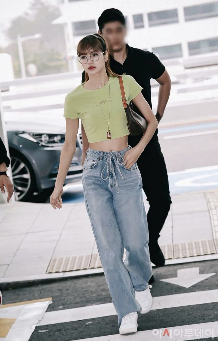Light Green Crop Top with Baggy Jeans Light Green Crop Top with Baggy Jeans — Trendy K-pop Outfits