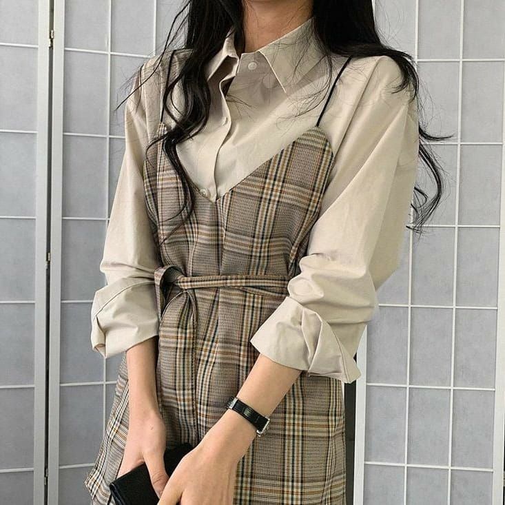 Beige Shirt Under Plaid Pinafore Dress — Trendy Kawaii Outfits
