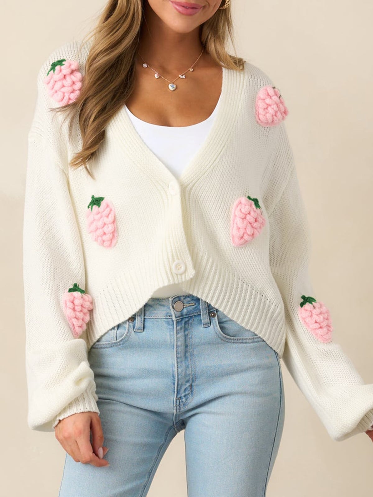 Cream Cardigan with Pink Strawberry Appliques — Trendy Kawaii Outfits