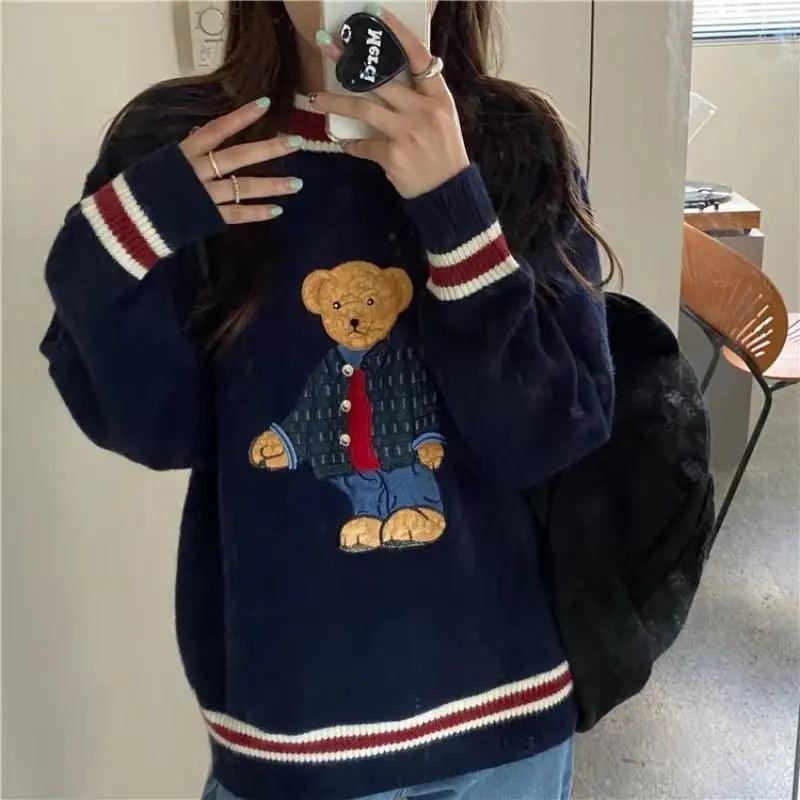 Oversized Navy Sweater with Embroidered Teddy Bear — Trendy Kawaii Outfits