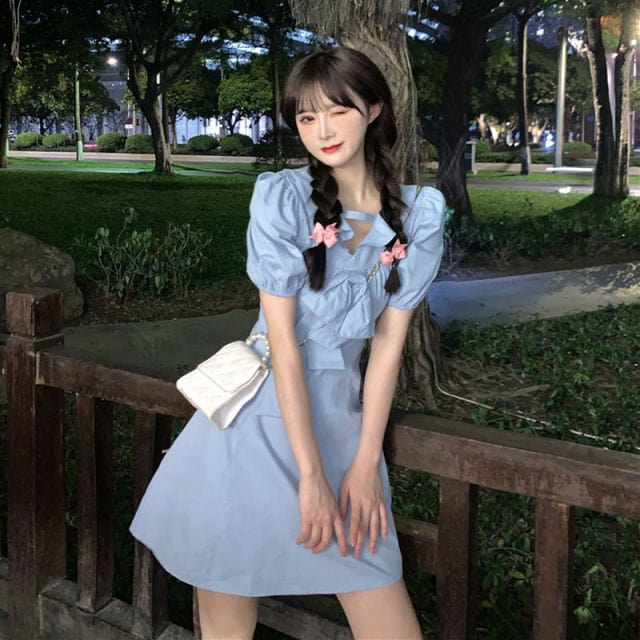 Light Blue A-Line Dress with Puff Sleeves and White Crossbody Bag — Trendy Kawaii Outfits