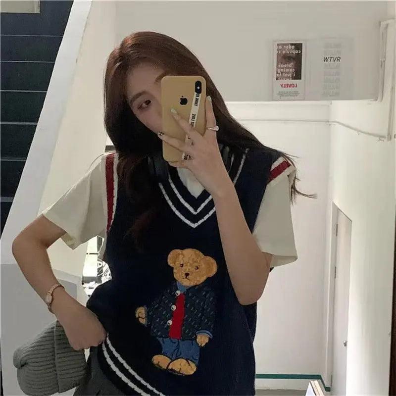Navy Sweater Vest with Teddy Bear Graphic, Office-Safe Version — Trendy Kawaii Outfits