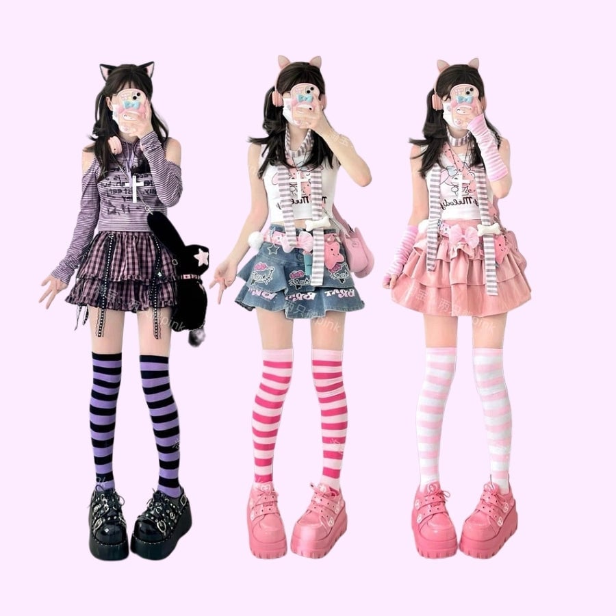 Layered Kawaii Outfits with Mini Skirts and Platform, Close-Up Take — Trendy Kawaii Outfits