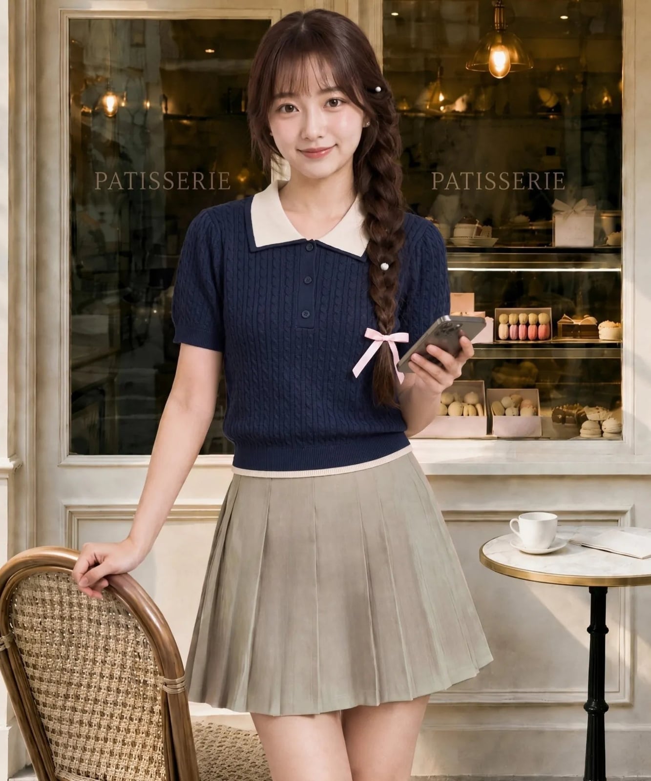 Navy Polo Shirt with Beige Pleated Skirt, Close-Up Take — Trendy Kawaii Outfits