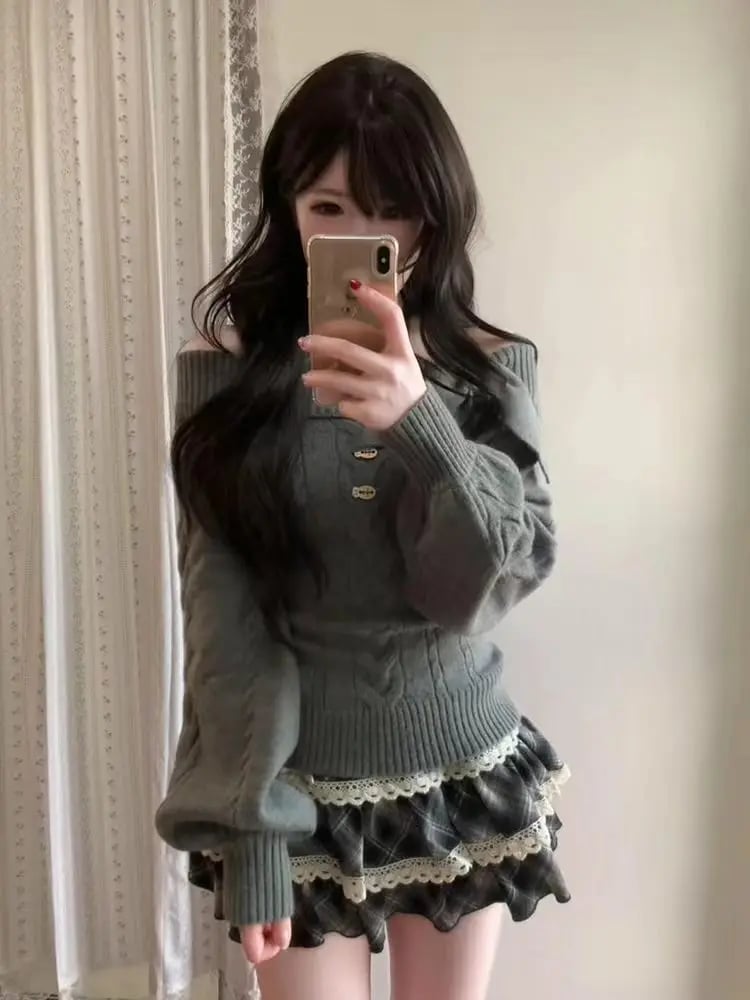 Grey Off-The-Shoulder Sweater with Plaid Skirt — Trendy Kawaii Outfits